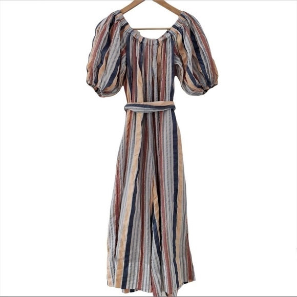 ULLA JOHNSON Elan Off The Shoulder Seersucker Jumpsuit in Sky - Picture 6 of 11